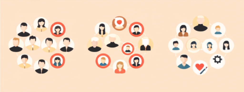 A segmented audience diagram showing three clusters—demographic profiles (age/gender icons), behavioral targets (interest-based badges), and lookalike audiences (mirror-image silhouettes)