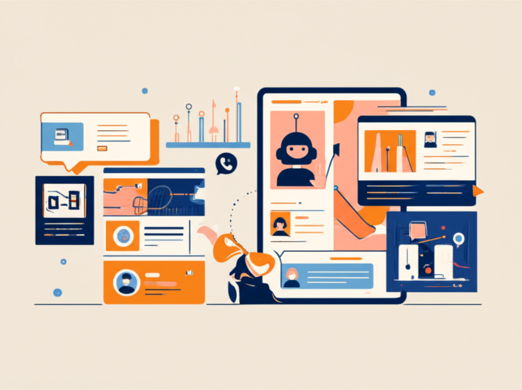 A flowchart of AI-driven CPA automation: predictive bid adjustment graphs, dynamic creative optimization frames, and a chatbot widget qualifying leads in real time