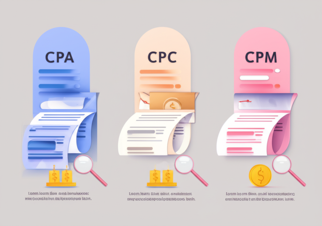 An infographic comparing CPA, CPC, and CPM models—visualizing ad spend tying to form submissions, clicks, and impressions to highlight risk transfer and ROI differences