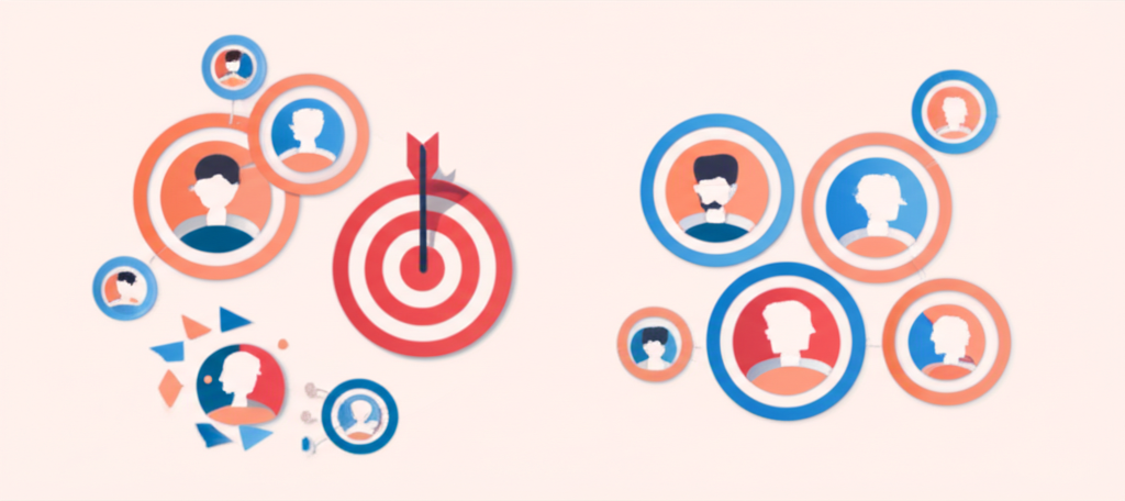 A segmented audience diagram showing three clusters—demographic profiles (age/gender icons), behavioral targets (interest-based badges), and lookalike audiences (mirror-image silhouettes)