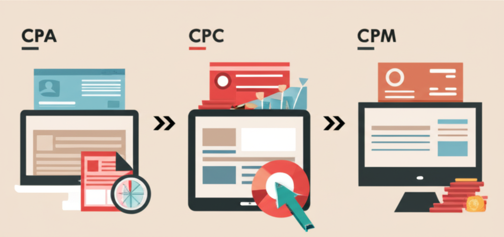 Infographic comparing CPA, CPC, and CPM models—visualizing ad spend tying to form submissions, clicks, and impressions to highlight risk transfer and ROI differences