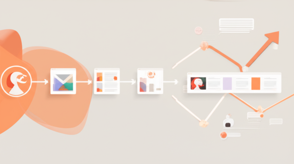 A flowchart of AI-driven CPA automation: predictive bid adjustment graphs, dynamic creative optimization frames, and a chatbot widget qualifying leads in real time