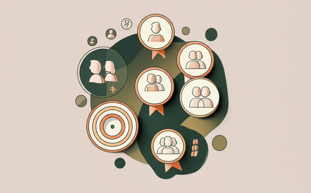 A segmented audience diagram showing three clusters—demographic profiles (age/gender icons), behavioral targets (interest-based badges), and lookalike audiences (mirror-image silhouettes)