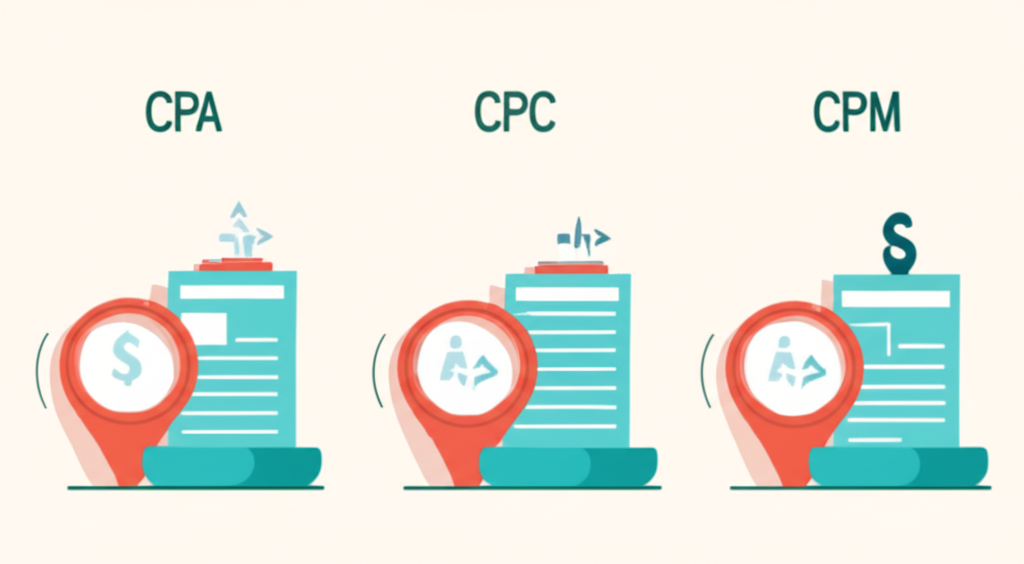 An infographic comparing CPA, CPC, and CPM models—visualizing ad spend tying to form submissions, clicks, and impressions to highlight risk transfer and ROI differences