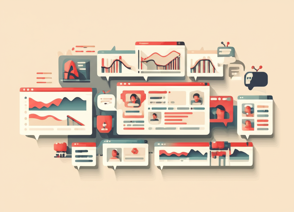 A flowchart of AI-driven CPA automation: predictive bid adjustment graphs, dynamic creative optimization frames, and a chatbot widget qualifying leads in real time