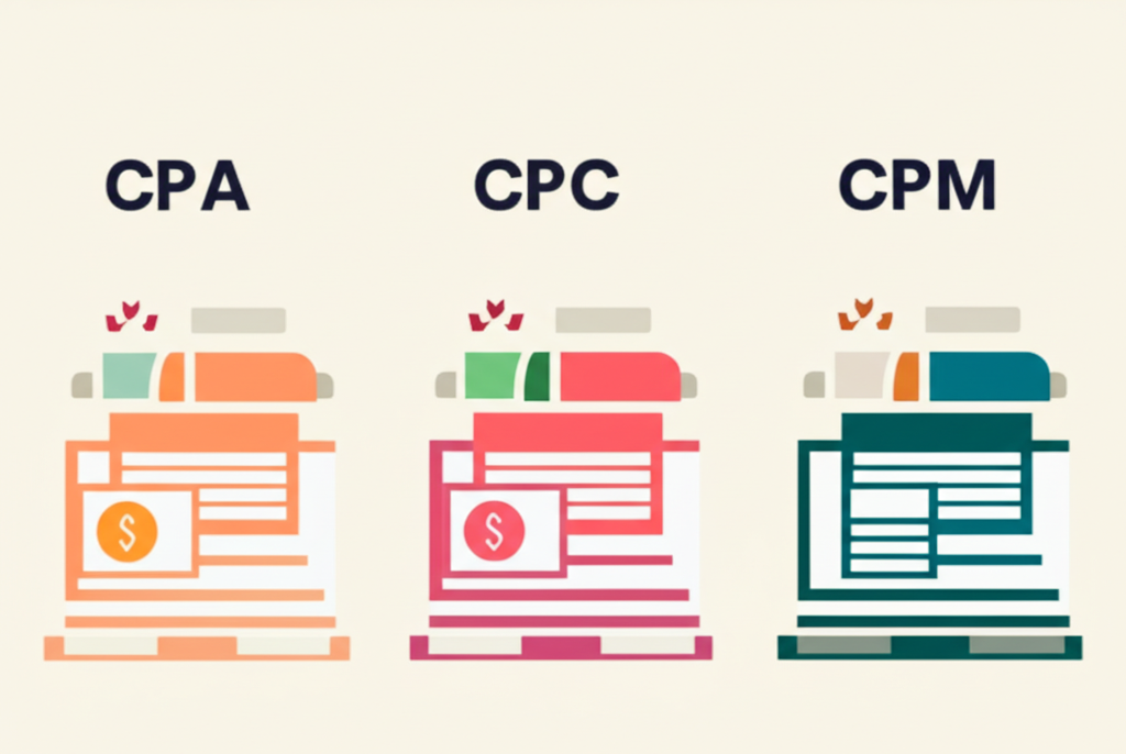 An infographic comparing CPA, CPC, and CPM models—visualizing ad spend tying to form submissions, clicks, and impressions to highlight risk transfer and ROI differences