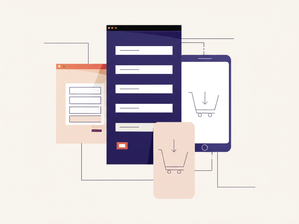 A collage of key CPA offer types: a lead capture form (CPL), shopping cart purchase (CPS), download icon (CPD), mobile app install button (CPI), and an overlay representing a hybrid CPL + CPS model