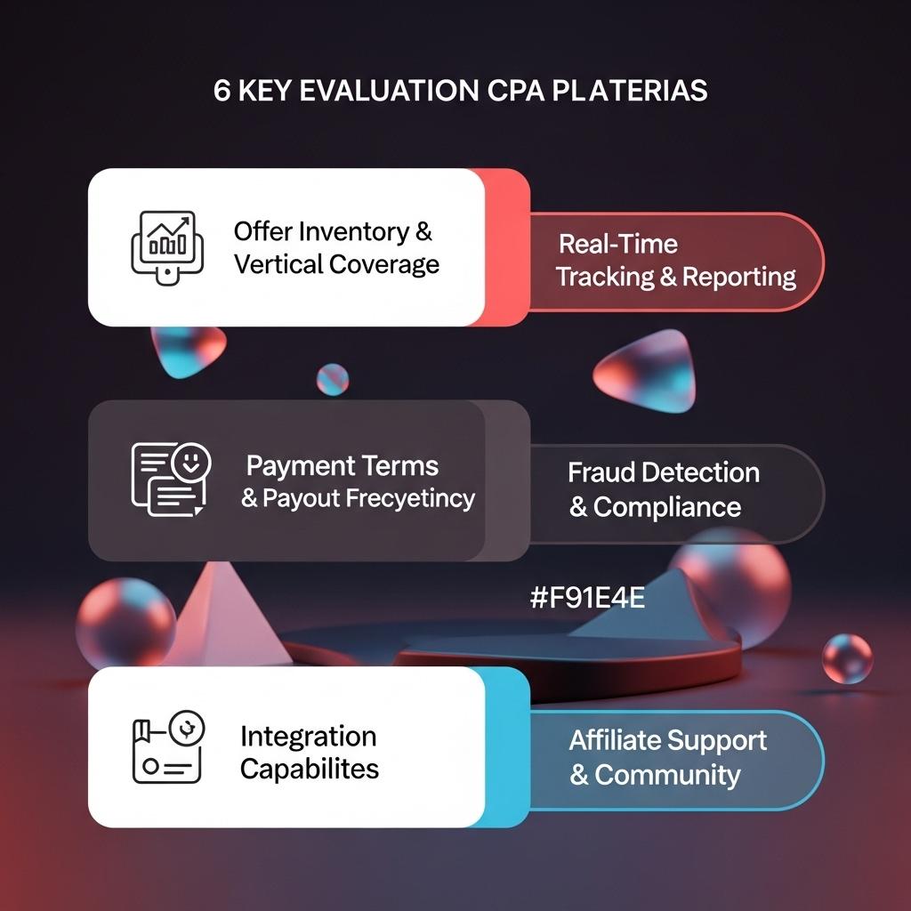 Infographic illustrating six key evaluation criteria for CPA marketing platforms
