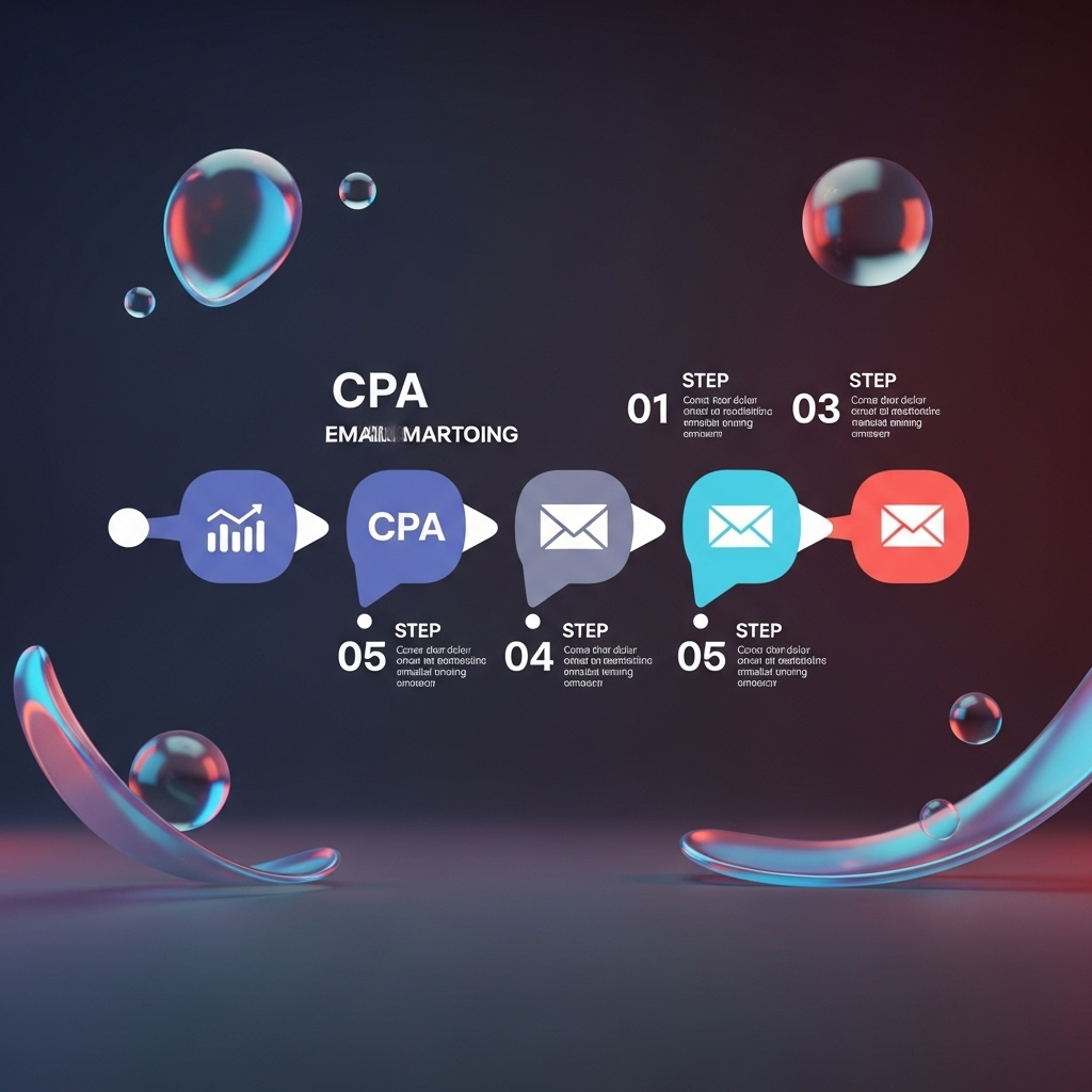 Infographic timeline of the six-step CPA email marketing strategy: 1) Define objectives & KPIs, 2) Build & ethically segment your list, 3) Partner with reputable CPA networks, 4) Craft high-converting emails (subject line to CTA), 5) Create matching, minimalist landing pages, 6) Test, launch & scale campaigns based on data.