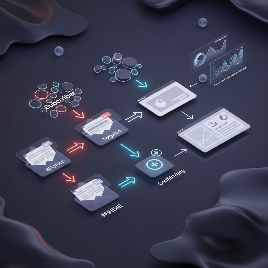 Flowchart illustrating the CPA email marketing campaign flow: start with a segmented subscriber list, send targeted emails, transition to a conversion-optimized landing page, complete the action (signup/download/purchase), and capture every step with UTM parameters and conversion pixels feeding into a real-time performance dashboard.