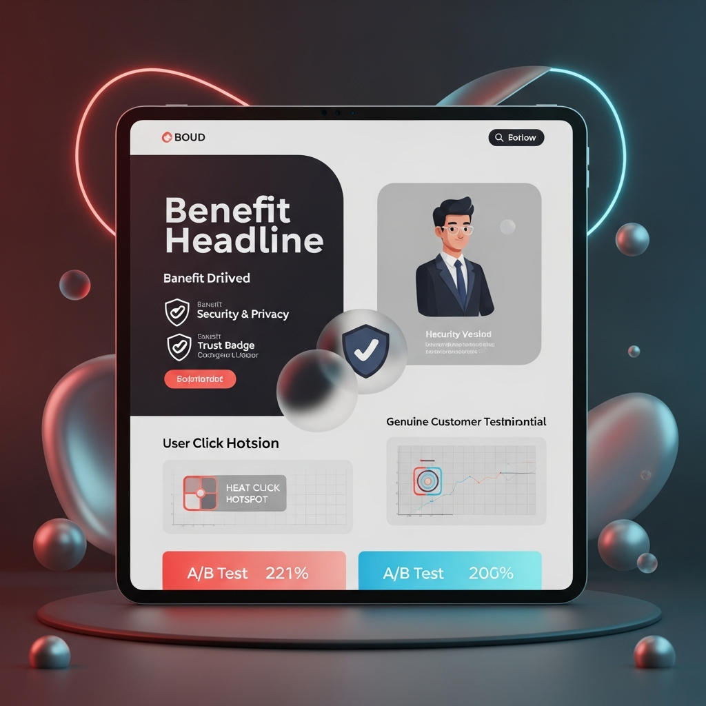 A high-converting landing page wireframe mockup on a tablet screen, featuring a bold, benefit-driven headline, security and privacy trust badges, a genuine customer testimonial section, and semi-transparent heatmap overlays showing user click hotspots, alongside A/B test version labels and conversion rate metrics.