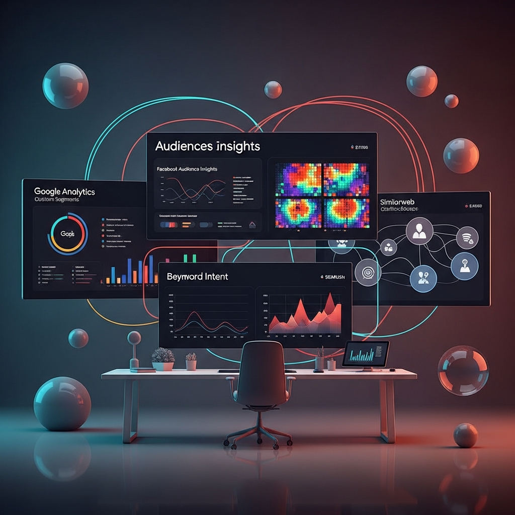 A digital marketing analyst’s workstation with multiple large screens displaying layered audience insights: Google Analytics custom segments charts, Facebook Audience Insights demographic heatmaps, SEMrush keyword intent graphs, and Similarweb competitor traffic source diagrams, all interconnected with colorful data-flow lines.