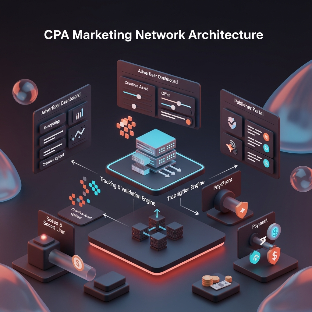 CPA Marketing Network Architecture – a central platform diagram showing an Advertiser Dashboard, a Publisher Portal, a Tracking & Validation Engine, and a Payment System