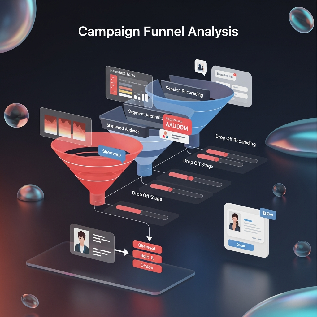 Campaign Funnel Analysis – a multi-step marketing funnel illustration with segmented audience tiers, heatmap overlays, session recording snapshots, drop-off bars, and optimization callouts