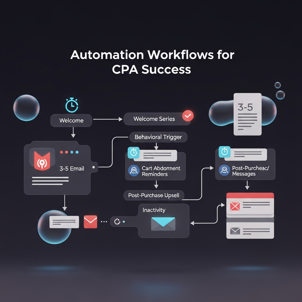 Dynamic flowchart of automated email sequences with triggers, timing icons, and templates