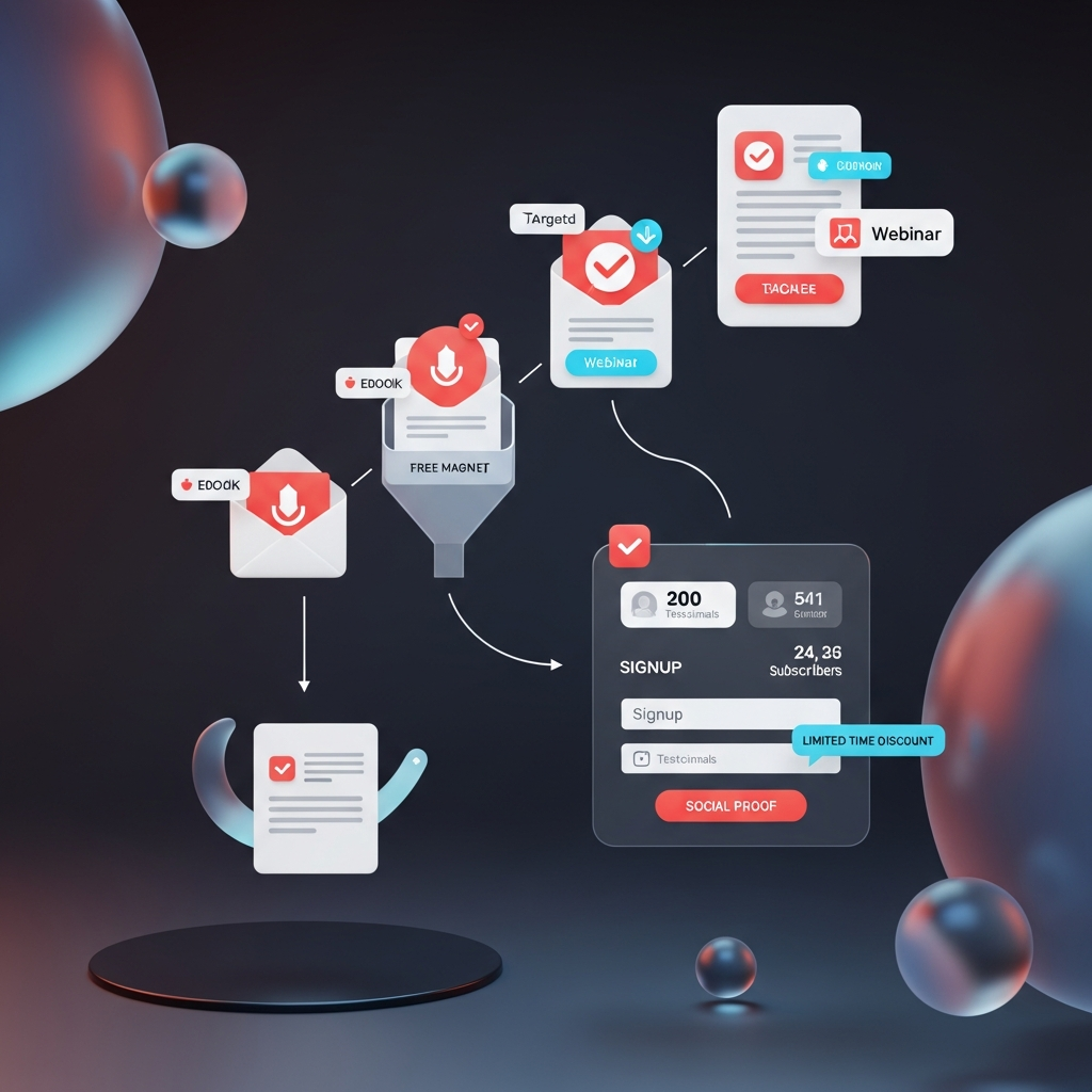 Building a multi-step subscriber acquisition funnel with targeted lead magnets, double opt-in flow, and social proof