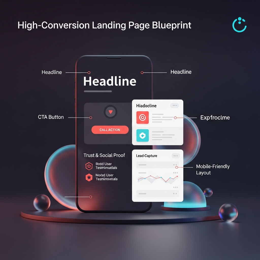 High-Conversion Landing Page Blueprint: A mobile-responsive wireframe mockup featuring a bold, compelling headline at the top, a single prominent call-to-action button, a trust section with badges and user testimonials, and a concise lead-capture form. Include annotation labels for each element (Headline, CTA Button, Trust & Social Proof, Mobile-Friendly Layout).