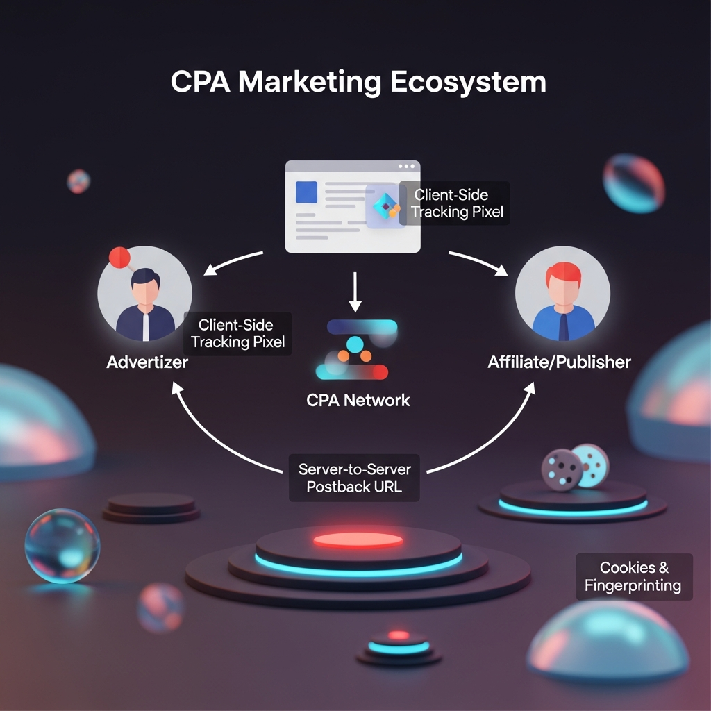 CPA Marketing Ecosystem Diagram: A clean network-style illustration showing three core roles—Advertiser (brand/business), CPA Network (intermediary platform), and Affiliate/Publisher—connected by arrows. Overlay visual callouts for 'Client-Side Tracking Pixel' on the confirmation page, 'Server-to-Server Postback URL' between network and advertiser, and 'Cookies & Fingerprinting' persisting user identifiers.