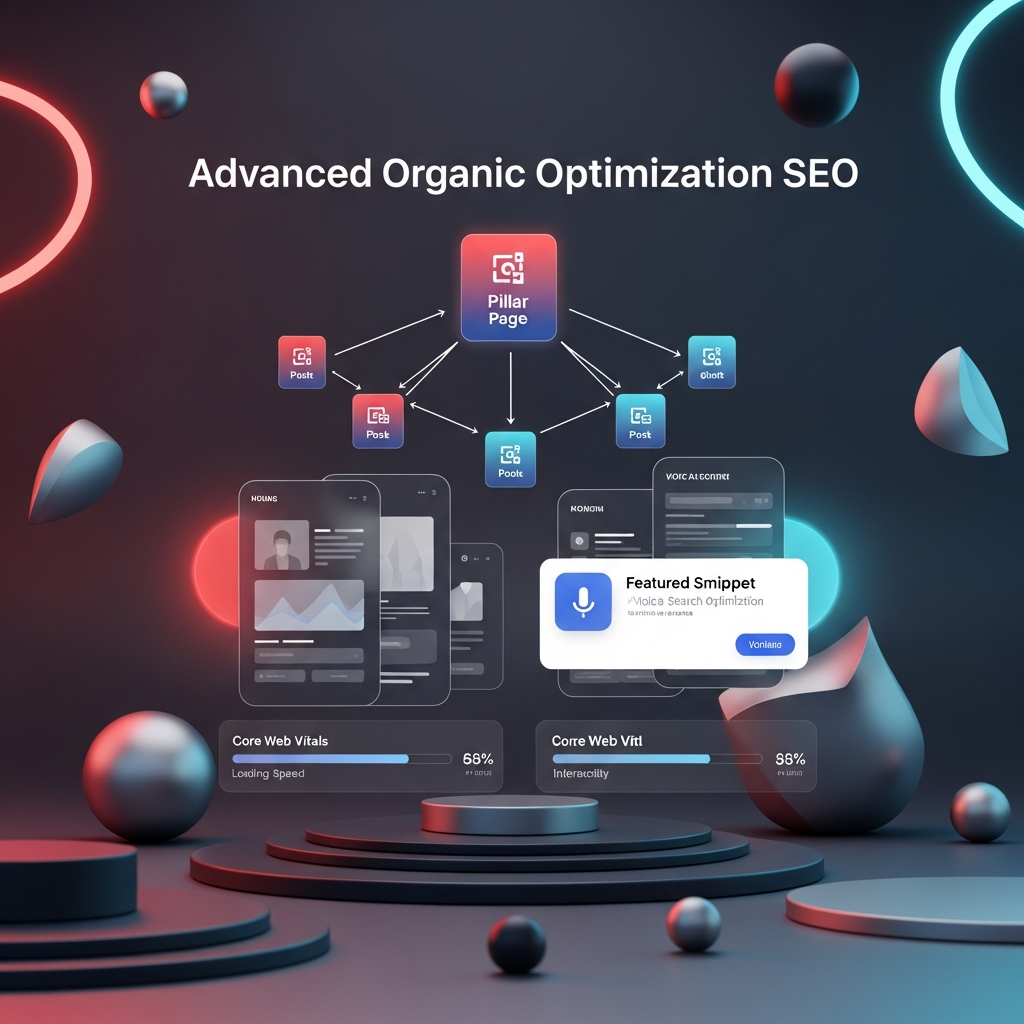 Advanced Organic Search Optimization (SEO): a stylized diagram of a website’s topic cluster architecture showing a central pillar page linked to multiple cluster posts, overlaid with mobile-first page mockups, Core Web Vitals performance bars, and a featured snippet result with a voice assistant icon