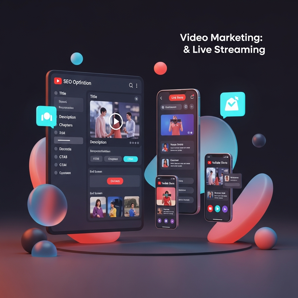 Video Marketing: YouTube & Live Streaming: a dynamic content creator setup displaying an SEO-optimized video dashboard with title, description, timestamped chapters, end screen CTAs, alongside a live-stream interface and mobile viewers watching YouTube Shorts