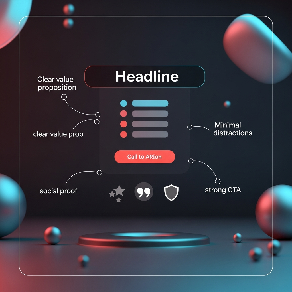 A modern, minimalist landing-page mockup highlighting conversion elements: clear value prop, minimal distractions, social proof, strong CTA.