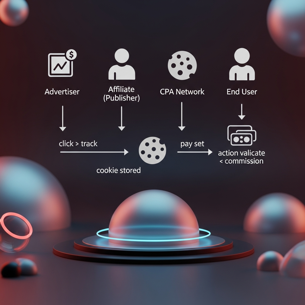 A clean, infographic-style flowchart illustrating the CPA affiliate marketing model: Advertiser, Affiliate (Publisher), CPA Network, and End User, showing click → track, cookie stored, action validated → commission.