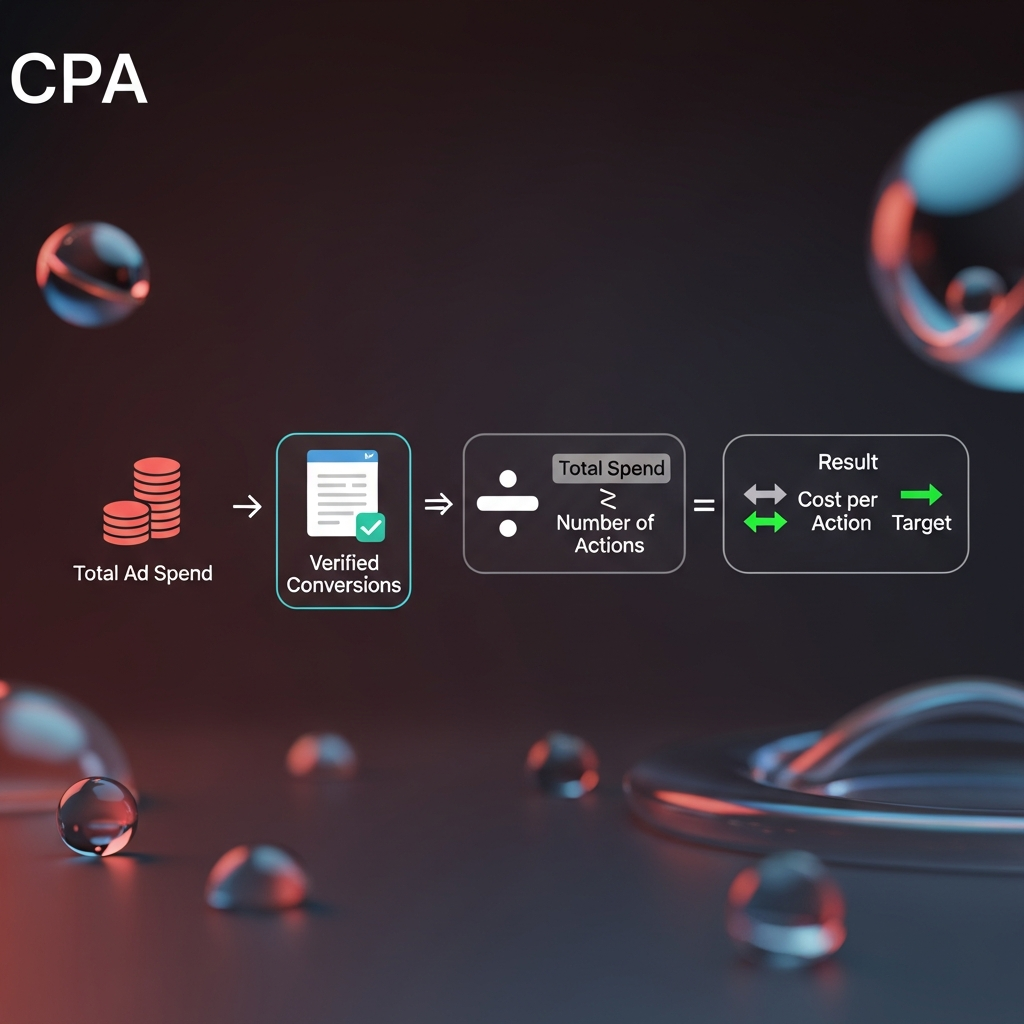 Flowchart-style illustration of the CPA calculation process: Total Ad Spend, Verified Conversions, Division, Cost per Action with green/red arrows
