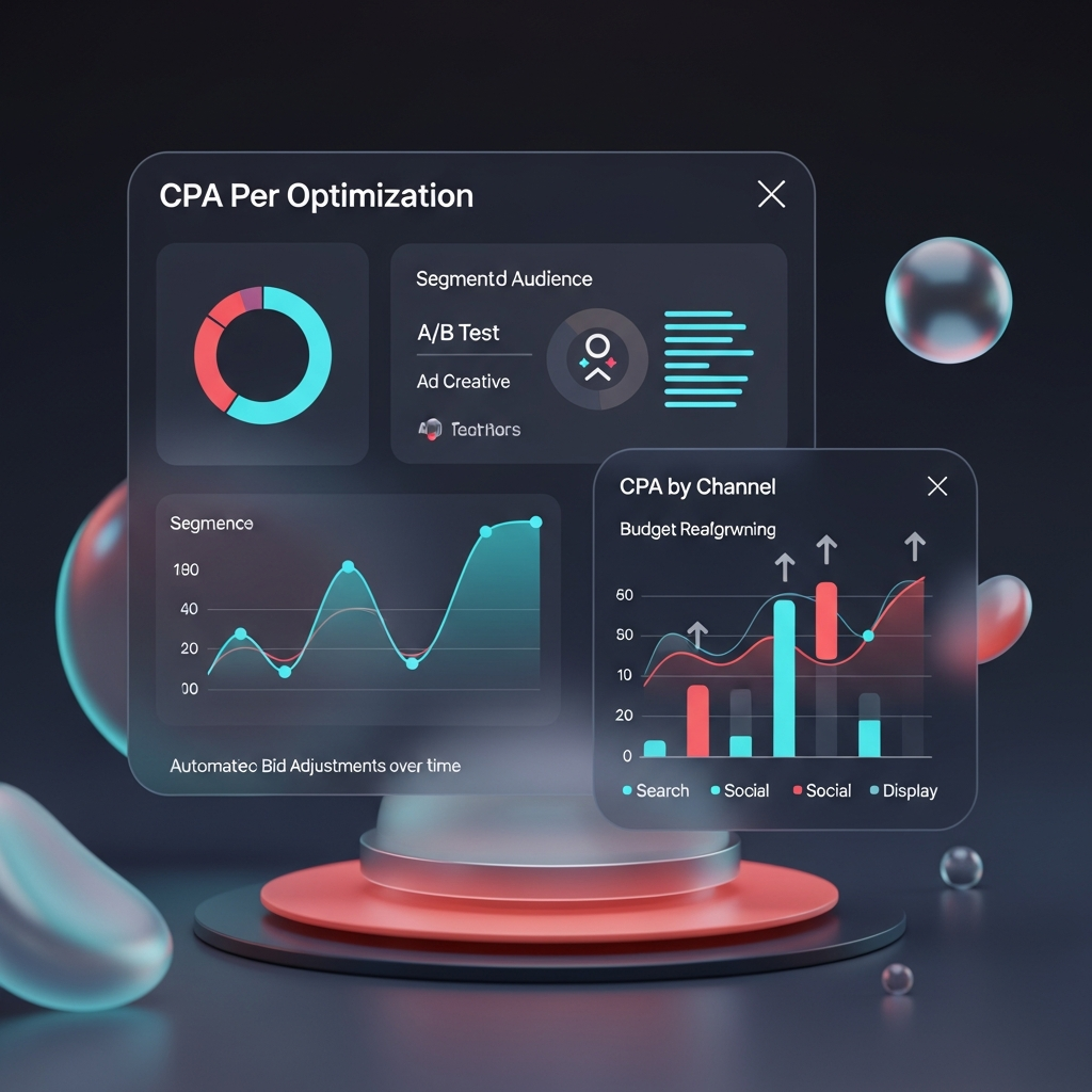 Multi-panel dashboard visualization for CPA optimization: pie chart, A/B test creatives, bid adjustments over time, CPA by channel with budget-reallocation arrows