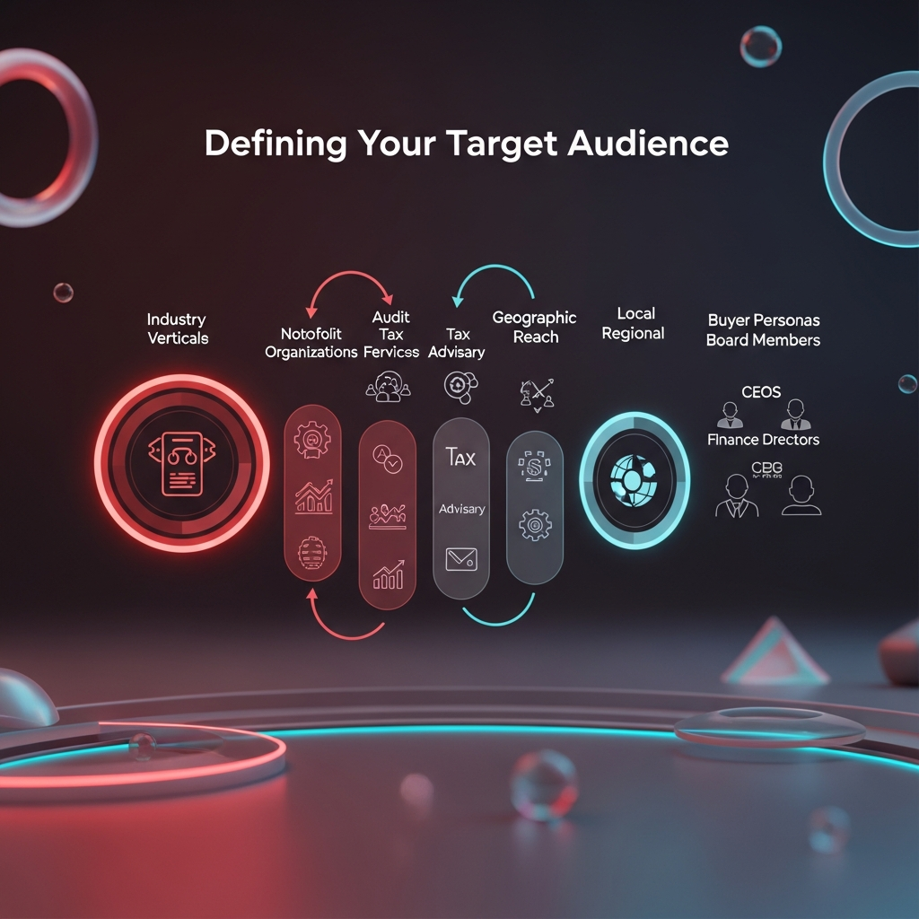 Infographic showing defining target audience process with segmented circles representing industry verticals, service offerings, geographic reach, and buyer personas