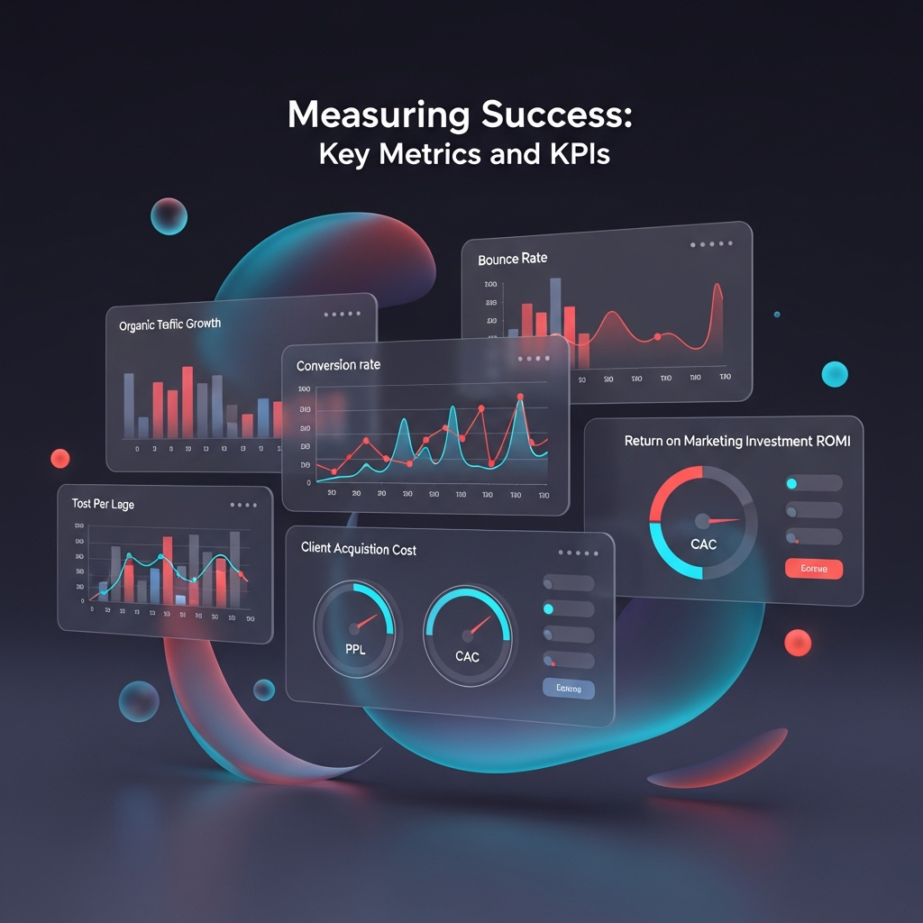Dashboard visualization showing key metrics and KPIs for measuring success including traffic growth, bounce rate, conversion rate, and client acquisition cost