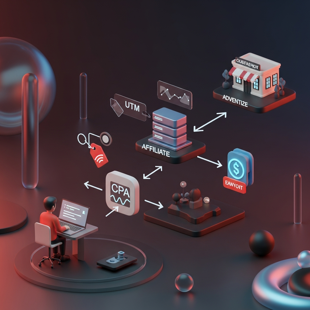 A dynamic CPA marketing funnel diagram showing an affiliate at a laptop driving traffic to an offer, passing through a CPA network to the advertiser with tracking elements and arrows depicting flow from click to completed action and a commission payout icon
