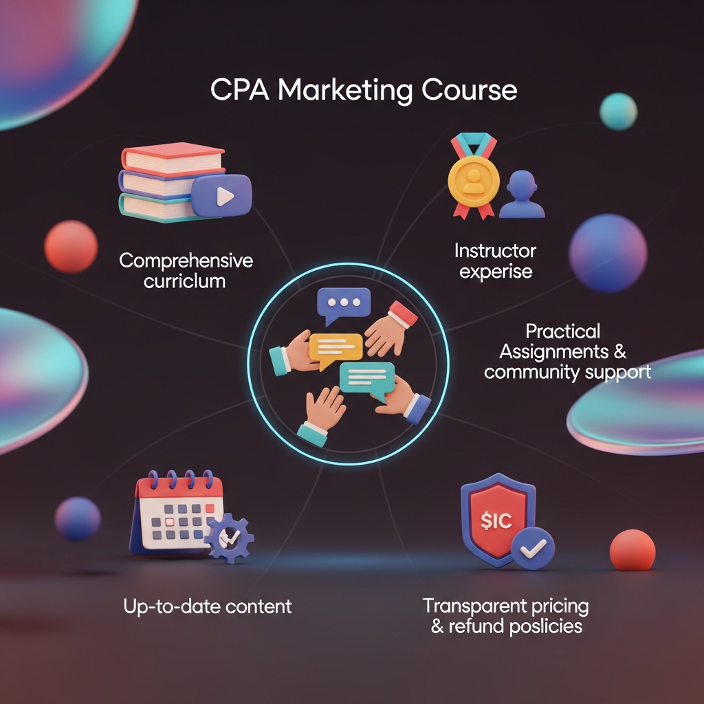 An infographic layout presenting the five key qualities of a high-quality CPA marketing course: comprehensive curriculum, instructor expertise, practical assignments & community support, up-to-date content, transparent pricing & refund policies