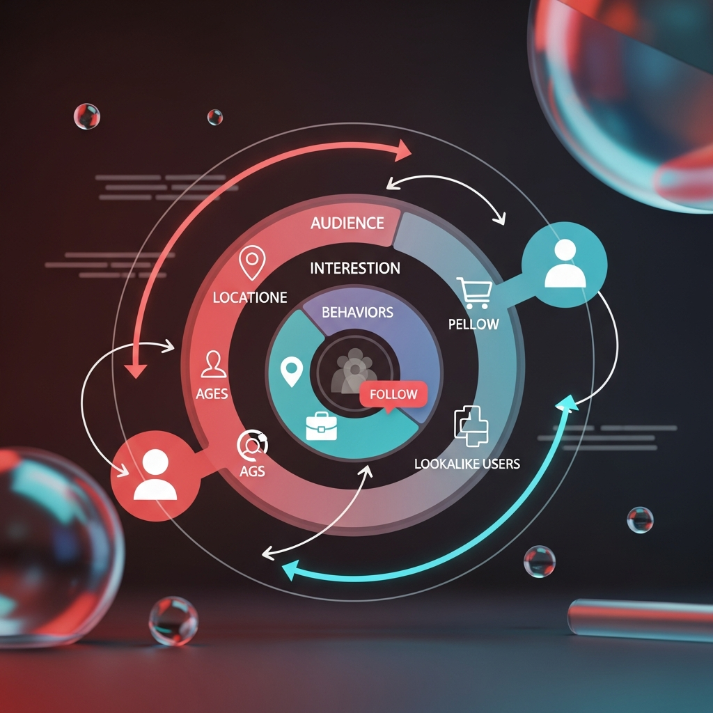 A layered Venn–style diagram illustrating audience discovery and segmentation: inner circle showing core demographics (age, location, job title), a middle layer for interests & behaviors (icons for followed pages, purchase habits), and an outer ring of lookalike users, with connecting arrows and profile‐style icons.