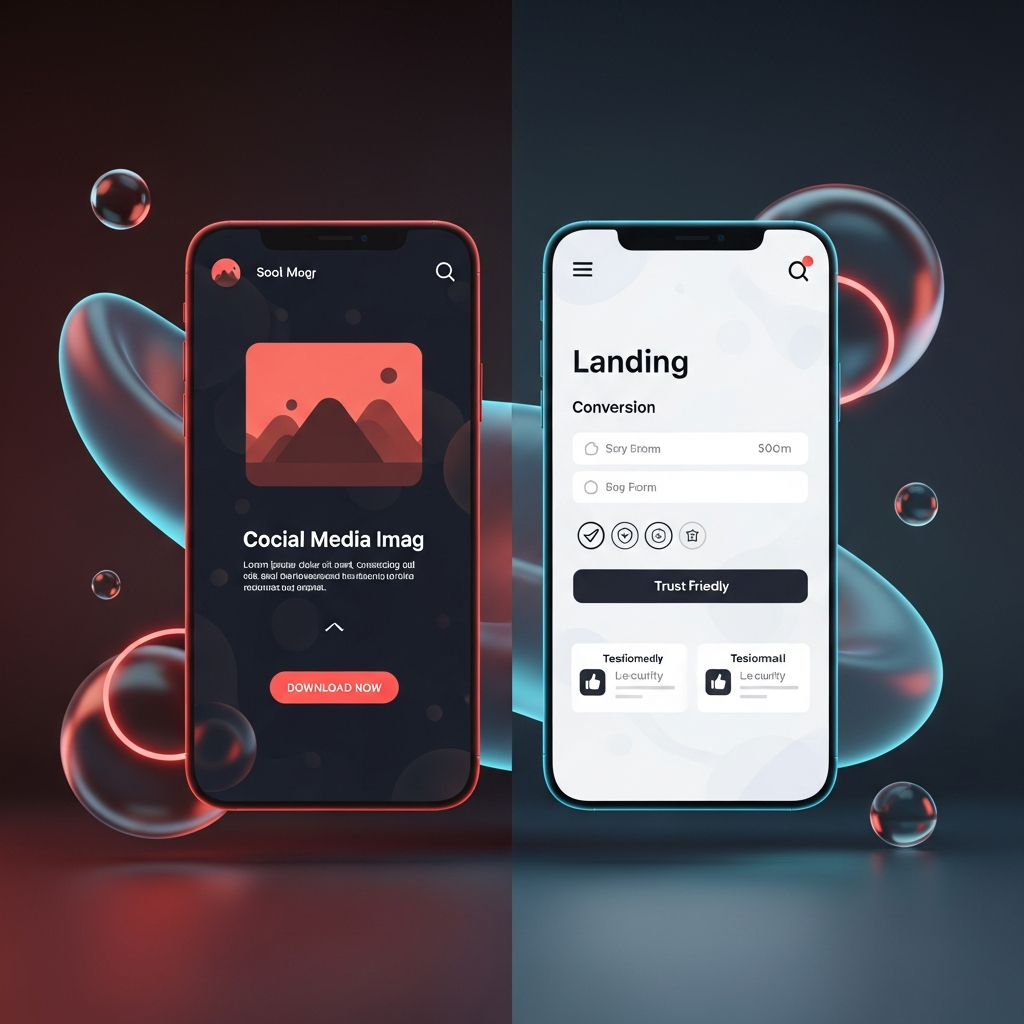 A split‐screen mockup of a social media ad creative next to its optimized landing page: the ad side features a bold focal image, minimal text overlay, and a clear "Download Now" CTA; the landing page side shows a single conversion form, trust signals (security badges, testimonials), thumbs‐friendly buttons, and mobile‐first layout indicators.