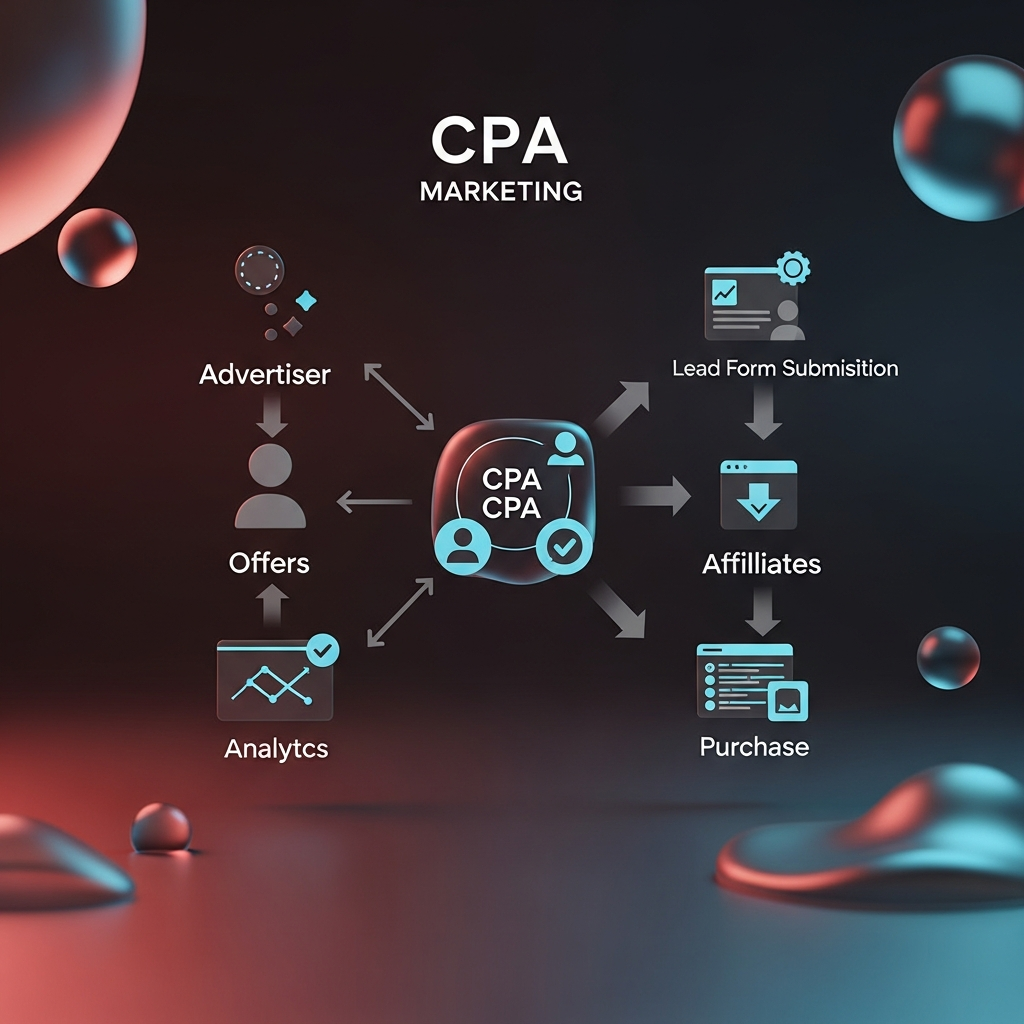 A detailed diagram of the CPA marketing model: show an advertiser sending offers into a central CPA network hub, affiliates on the other side running campaigns, arrows illustrating user actions (lead form submission, app download, purchase) triggering commission payouts, with icons for tracking pixels and analytics dashboards