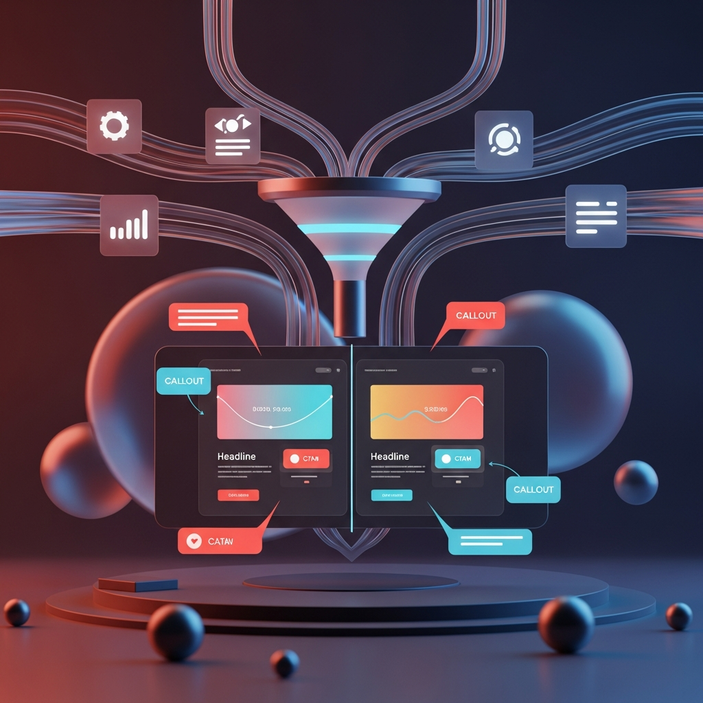 A visual breakdown of landing page and funnel optimization: depict a multi-stage conversion funnel feeding from traffic sources into a landing page, split-screen A/B test variants side by side, heatmap overlays highlighting click and scroll activity, and callout labels for headlines, CTAs, and conversion rate improvements