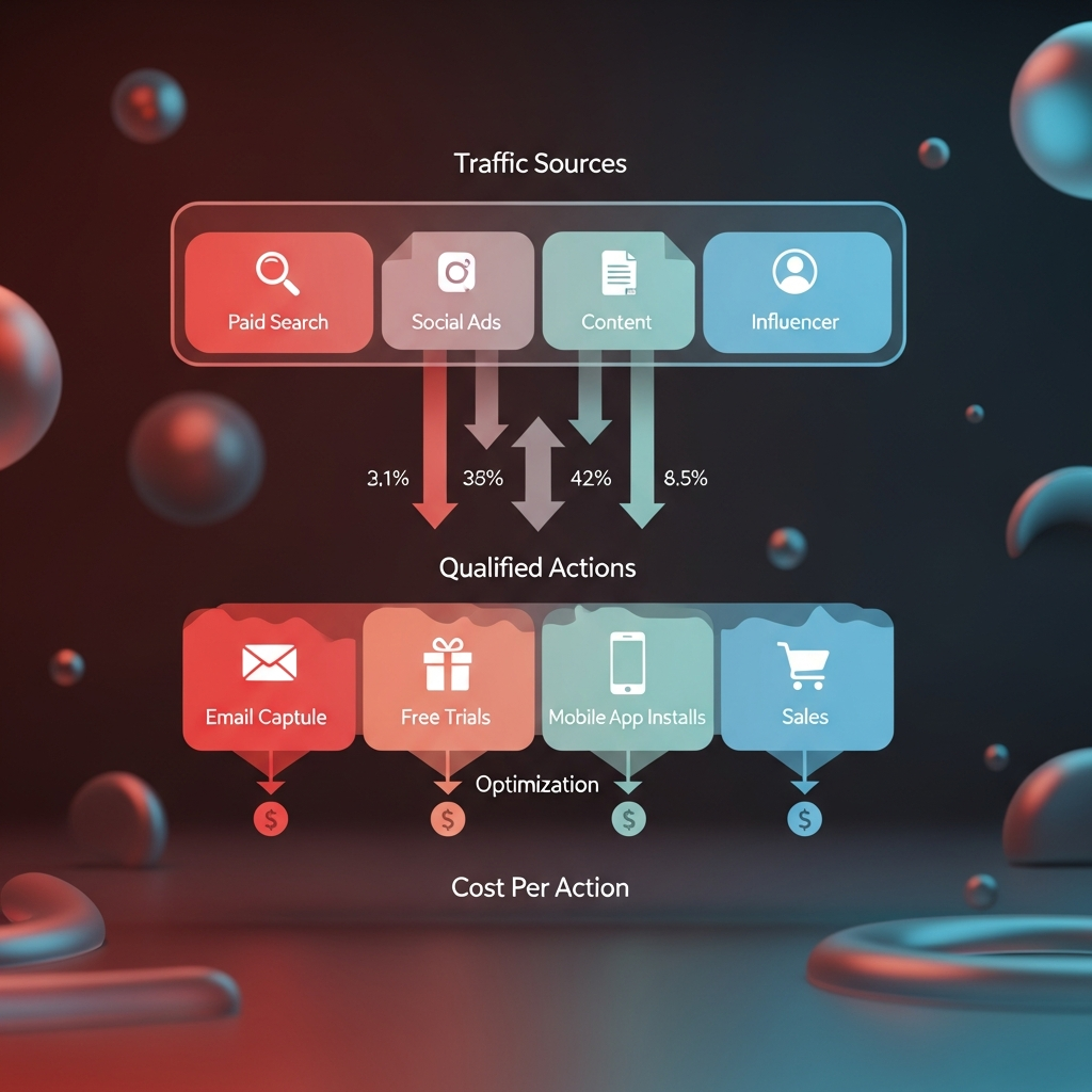 A visually engaging affiliate marketing funnel illustrating the performance-based CPA model: top layer labeled Traffic Sources with paid search, social ads, content, influencer; middle layer showing Qualified Actions like email capture, free trials, app installs; and bottom layer labeled Cost Per Action depicting payments only when actions occur