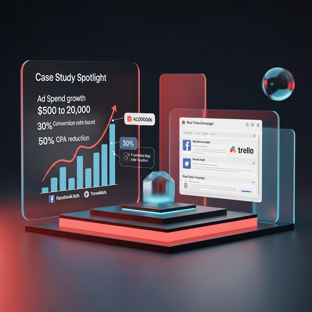 A dynamic infographic depicting the “Case Study Spotlight” with a rising bar or line chart illustrating ad spend growth from $500 to $20,000 over three months, annotated with a 30% conversion rate boost and 50% CPA reduction, alongside miniature Facebook Ads logos and a Trello board interface for real-time campaign management