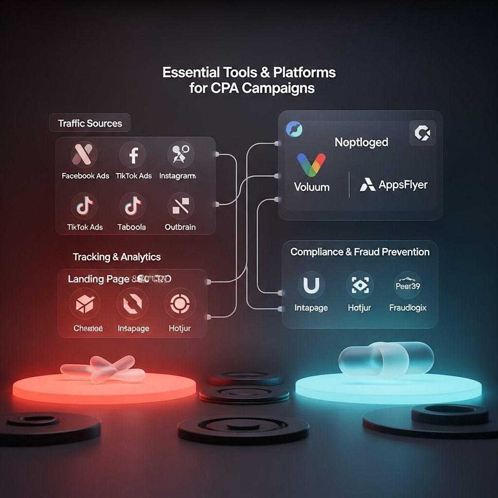 A visually organized technology stack diagram labeled “Essential Tools & Platforms for CPA Campaigns,” featuring grouped icons and connectors for Traffic Sources (Facebook Ads, TikTok Ads, Instagram Ads, Taboola, Outbrain, Google Ads), Tracking & Analytics (Voluum, Google Analytics, AppsFlyer), Landing Page & CRO (Unbounce, Instapage, Hotjar), and Compliance & Fraud Prevention (Peer39, Fraudlogix)