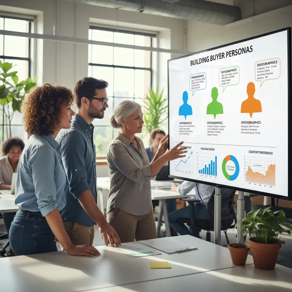 An infographic-style depiction of building detailed buyer personas: multiple user avatars with callouts showing demographics (age, gender, income, location), psychographics (interests, online habits, motivations), and layered data charts or heatmaps, color-coded by segment