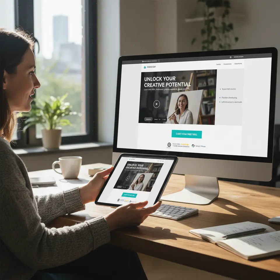 A high-conversion landing page mockup illustrating key elements: a bold, benefit-driven headline and subheadline; hero image or video; bullet-point value propositions; visible trust badges (security seals, testimonials); and a contrasting, prominent CTA button, shown in both desktop and mobile views