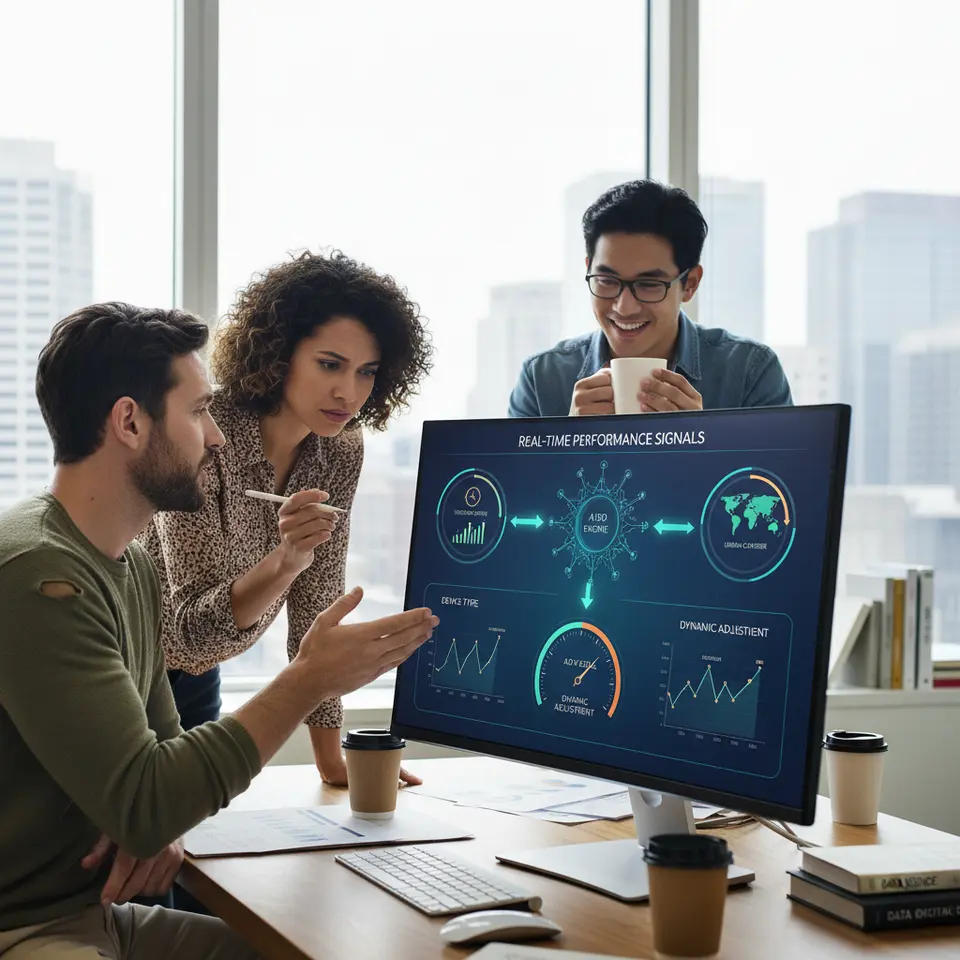 Machine Learning for Bid Optimization: A real-time dashboard-style illustration showing an AI engine ingesting performance signals (time of day, device type, geographic location) and dynamically adjusting ad bids. Visualize graphs or gauges with bid levels rising during a lunchtime mobile conversion spike and falling in off-peak hours, connected by arrows to an automated decision-making core.