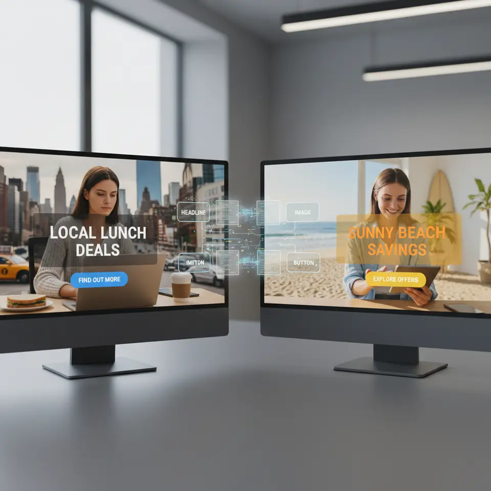 Dynamic Creative Optimization: A split-screen depiction of an AI-driven ad assembler creating personalized ads on the fly. On one side, a New York user sees a header reading “Local Lunch Deals,” a city skyline image, and a CTA button in blue; on the other, a California user sees “Sunny Beach Savings,” a coastal photo, and a CTA in sunny yellow. Show modular blocks of headline, image, and button being swapped by the AI engine.