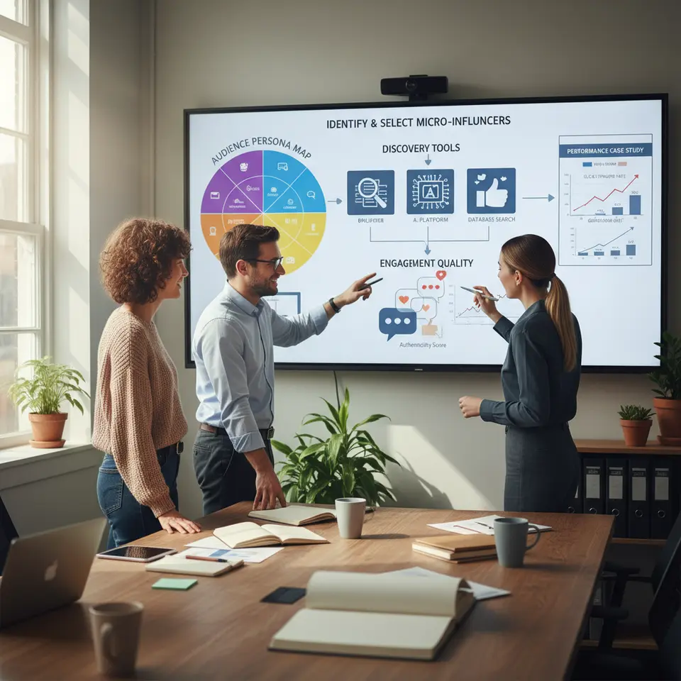 A multi-step flowchart illustrating the process of identifying and selecting the right micro-influencers: start with a colorful audience persona map, transition to icons of influencer discovery tools (magnifying glass over social profiles), then show engagement quality assessment via speech bubbles and heart icons, and finally a performance case study sheet with click-through and conversion rate charts.