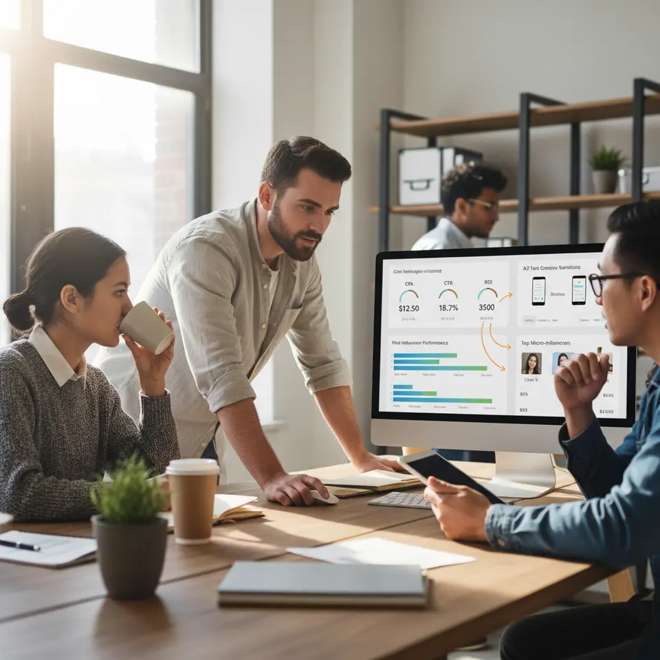 A dynamic campaign optimization dashboard: central KPI panels for CPA, CTR, conversion rate and ROI, side-by-side bar charts comparing pilot influencer performance, A/B test cards for creative variations (stories vs. reels), and budget reallocation arrows flowing toward top-performing micro-influencers.