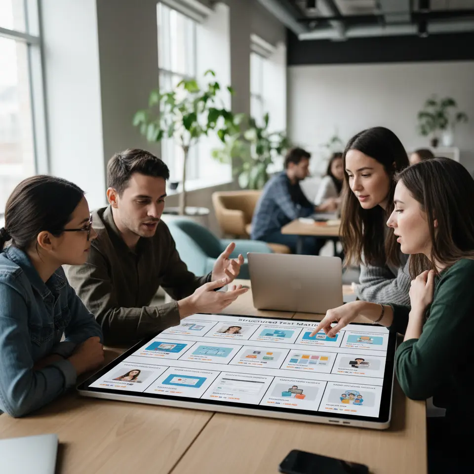 Structured Test Matrix: a clean, colorful grid showing rows and columns for creatives, headlines, landing pages and audience segments—each cell representing an A/B test combination, with sample icons or thumbnails to illustrate how variables are isolated for rapid statistical insights