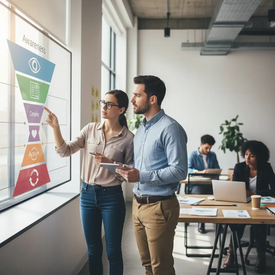 High-Converting Marketing Funnel: a five-stage funnel diagram (Awareness, Interest, Desire, Action, Retention) using distinct colors and icons—eye for awareness, article for interest, heart for desire, button for action, and repeat cycle arrows for retention—visually emphasizing smooth flow and drop-off points