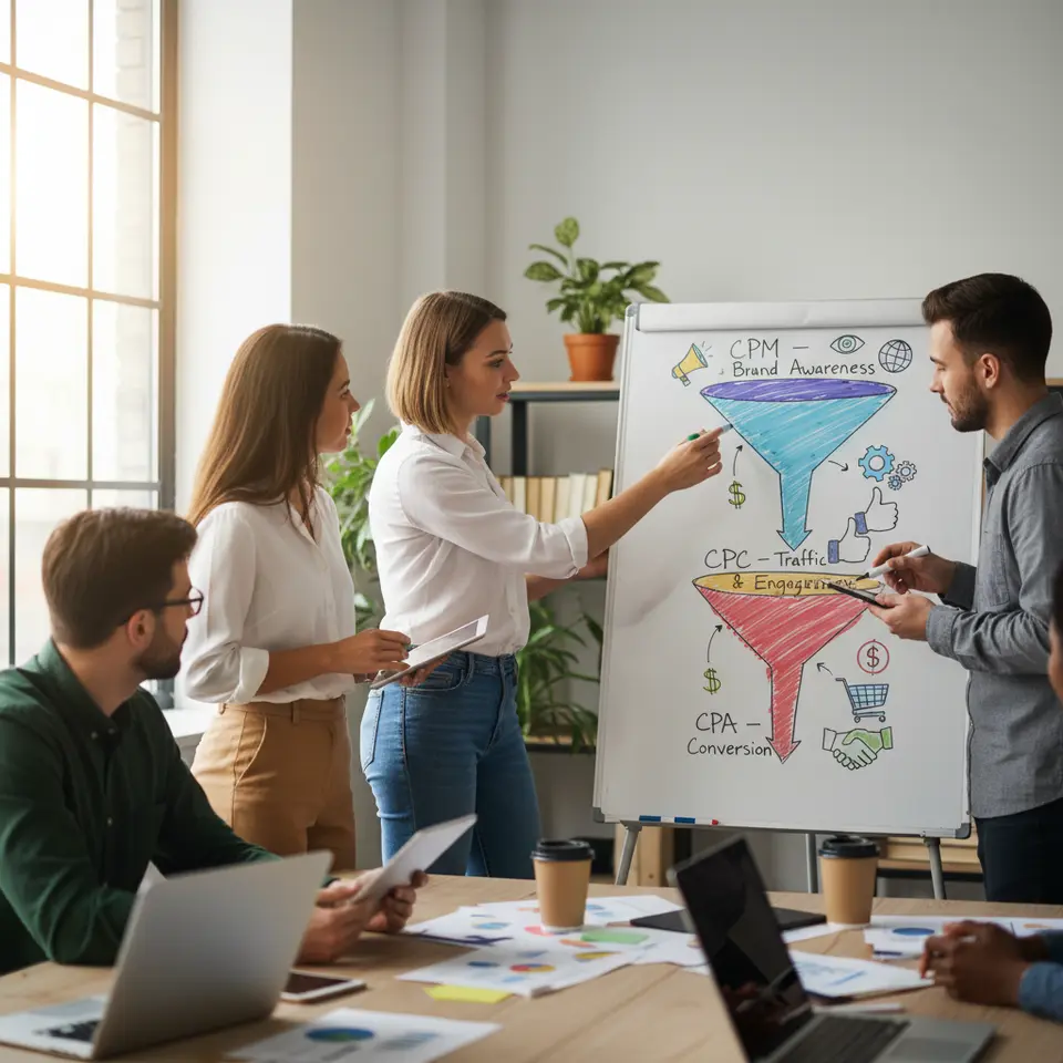 A colorful marketing funnel diagram divided into three layers: the top labeled “CPM – Brand Awareness,” the middle “CPC – Traffic & Engagement,” and the bottom “CPA – Conversion.” Each layer features icons and arrows showing budget allocation flowing from broad impressions to click interactions to final conversions.