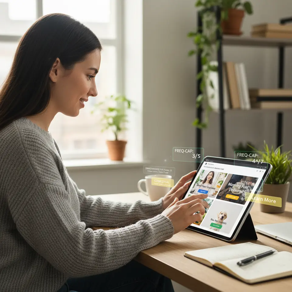 An illustrative scene of dynamic creative optimization in action: multiple ad variations (different headlines, images, and calls-to-action) rotating on a social media feed, overlaid with frequency-cap counters and contextual targeting tags indicating demographic or contextual filters.