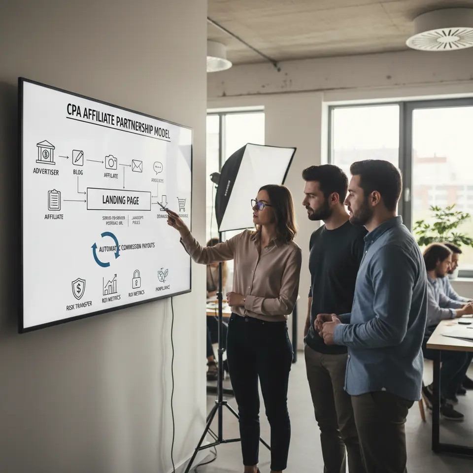 A detailed flowchart illustrating the CPA affiliate partnership model: show an Advertiser on the left providing offers to multiple Affiliates (blog, social, email). Arrows lead to a Landing Page with tracking elements like server-to-server postback URLs and JavaScript pixels. From the landing page, depict user conversions (form submissions, downloads, purchases) triggering automatic commission payouts back to Affiliates. Include icons representing risk transfer, ROI metrics, and privacy compliance badges.